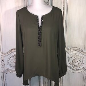 Juicy Couture Jeweled Neckline Long Sleeve Blouse